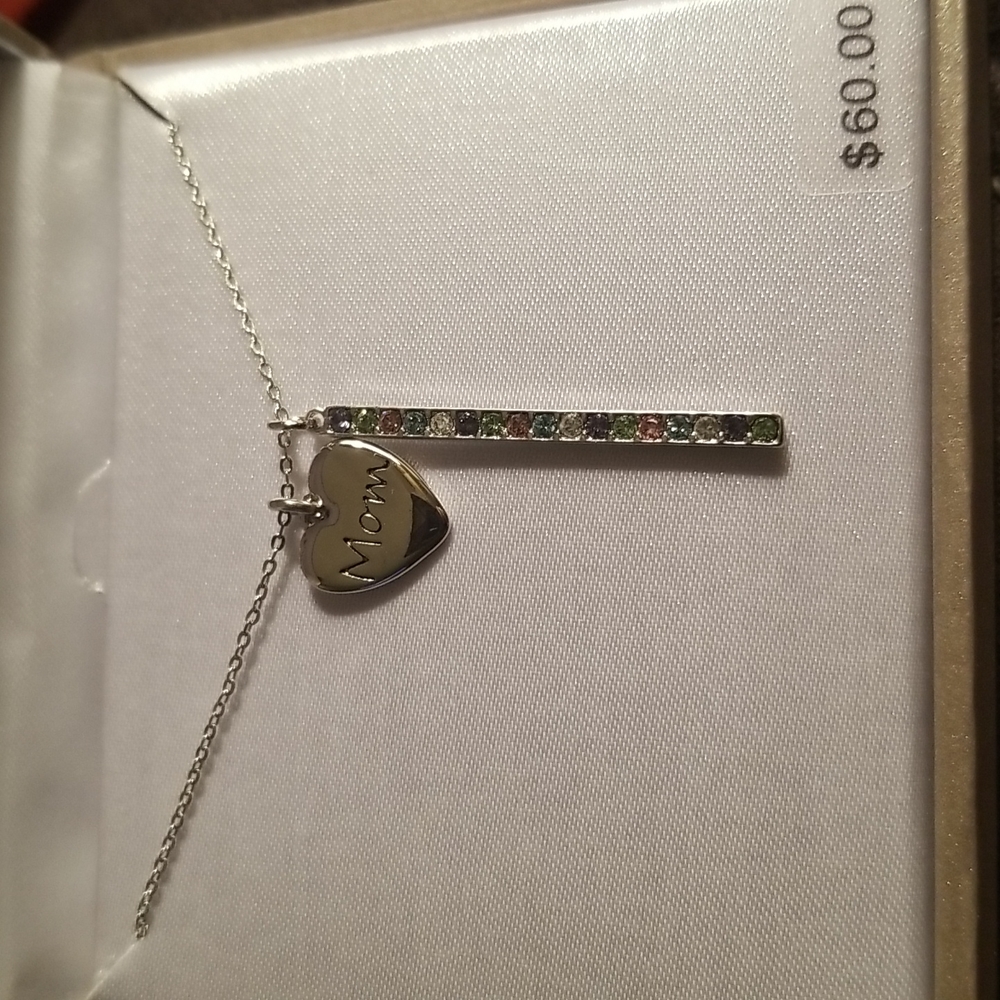 Beautiful Mom necklace with multi colored Swarovski crystal bar. 16" chain